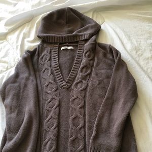 Brown V neck Hooded Sweater